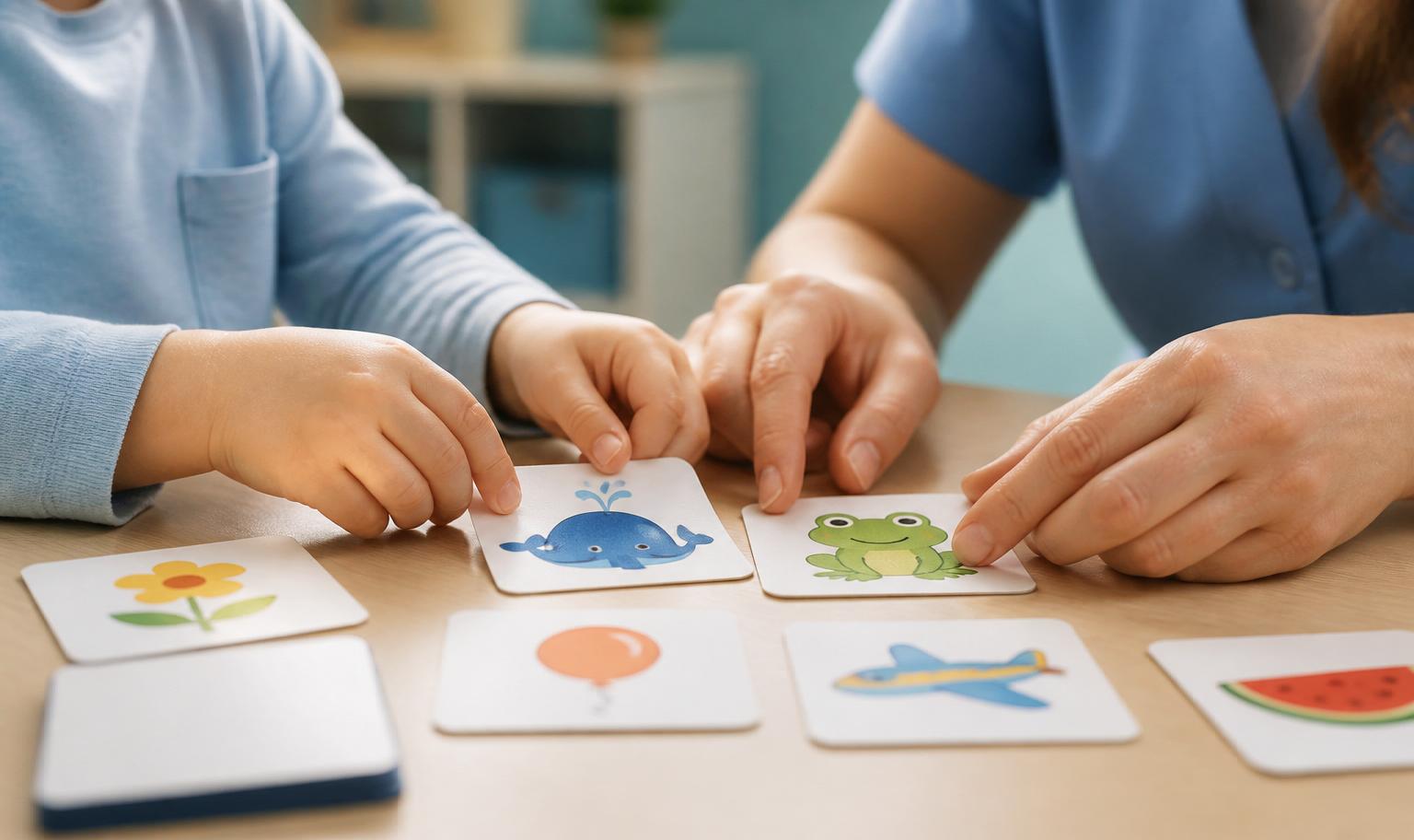 Therapist and child working with articulation cards